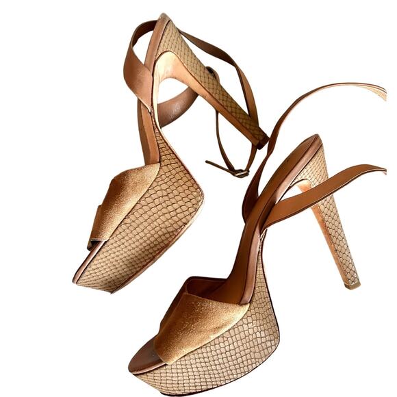 Halston Heritage Bobbie Tan Brown Suede Snakeskin Platform Heel Sandals - Picture 2 of 9